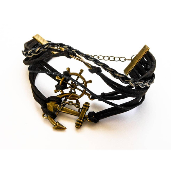 Black Corded Multi Strand Nautical Charm Bracelet 7-9 Inch  Anchor & Ship Wheel - Picture 2 of 5